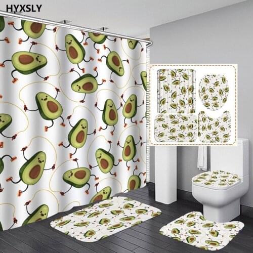 Avocado Fruit Digital Shower Curtain Carpet Mat Set Waterproof Polyester Cloth Bathroom Decor Cartoon Screen Cover With Hooks