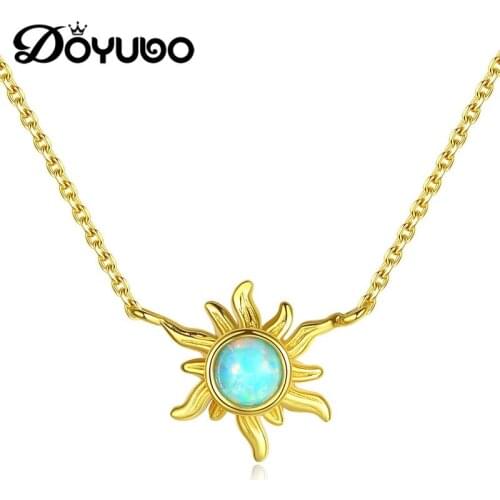 DOYUBO Brand Design Women Sun Flower Opal Charms Necklaces 925 Sterling Silver Pendant Chains Lady Fashion Wedding Jewelry VA285