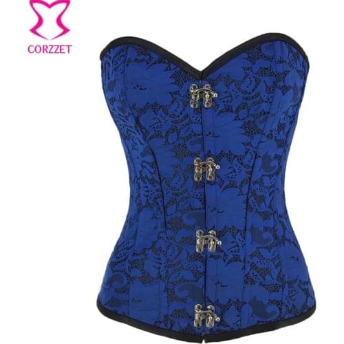 Gothic Sexy Steampunk Overbust Corset Mujer Gothic Blue Floral Lace Bustier Top Burlesque Lingerie Corselet Korsett For Women