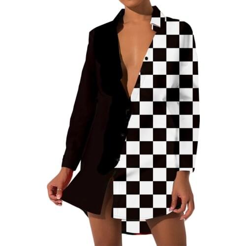 UJWI Black And White Plaid Lady Classic Shirt Checkered Shirts Women Long Casual Commonly Used Fashion Printed girl Shirts 5XL