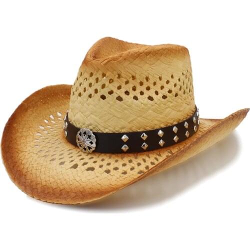 Western Cowboy Hat Handmade Weave Straw Women Men Beach Sun Sombrero Cowgirl Hat Size 58CM A0131