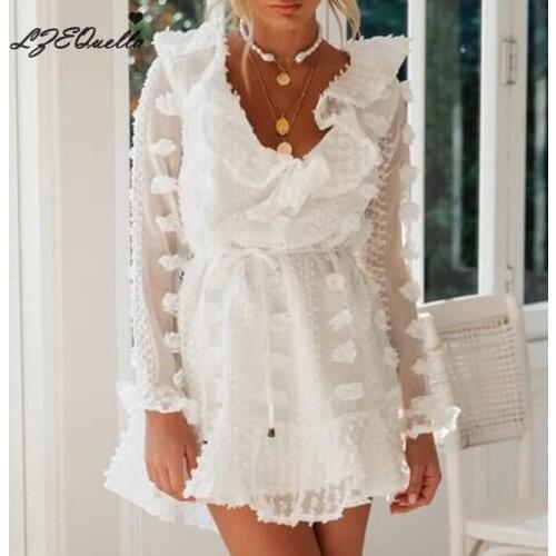 LZEQuella Fashion Mini White Dress Ruffle V Neck Elegant Women Streetwear Autumn Vintage Dresses Mini Short Robe Femme NZ1317