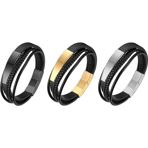 BONISKISS Mens Bracelets Multi-layer Woven Leather Rope Engrave Magnetic Buckle Man Adjustable Bangle Pulseras Hombre Bijoux