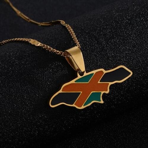 Stainless Steel Enamel Jamaica Map and National Flag Pendant Necklaces Gold Color Jamaican Women Charm Jewelry