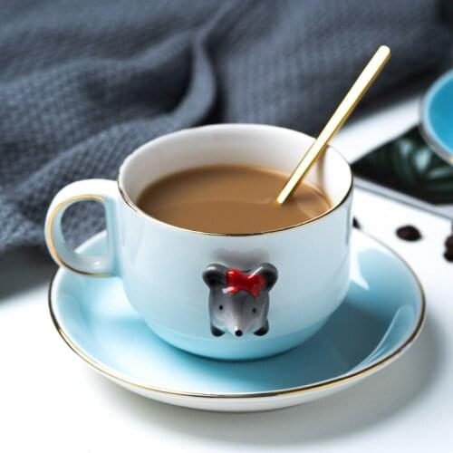 New Creative Cartoon Hand Painted Modern Simple Golden Cat and Mouse Ceramic Coffee Cup with Dish and Spoon