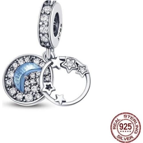 2020 New Hot Sale 925 Sterling Silver Blue Night Sky Crescent Moon & Stars Dangle Charm fit Pan Bracelet Silver 925 Jewelry