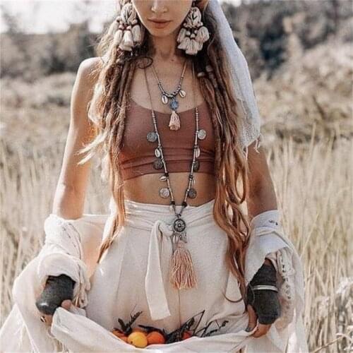 Summer Boho All-match Leather Alloy Chain Necklace Cotton Tassel Long Pendants for Women Jewelry Gift