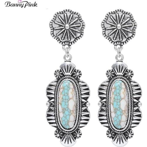 Banny Pink Tibetan Carved Gypsy Pendant Stud Earrings 2-tone Turquoises Statement Earrings Women Indian Stone Chandelier Earring
