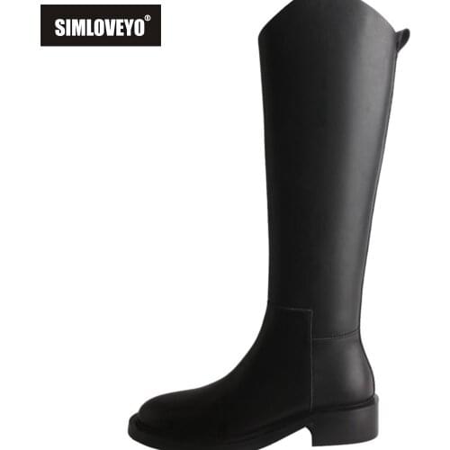 SIMLOVEYO Women Real Leather Mortorcycle Ridding Knee High Chunky Boots Fur Warm Low Square Heel Zip Round Toe Footwear 40 S2423