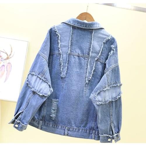 Womens Denim Jacket Spring Autumn Loose Fit BF Style Hole Ripped Long Sleeve Jacket Student Streetwear Casual Jean Coat