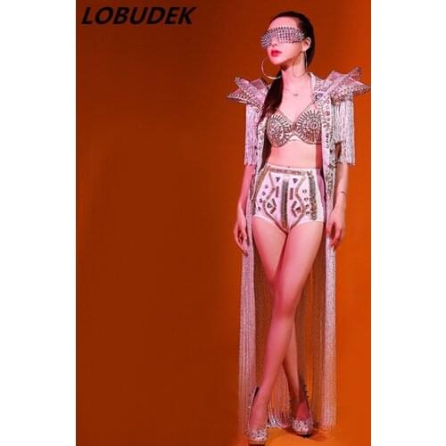 Female Sparkly Crystals Costumes White Tassels Jacket Bar DJ leading dancer performance clothing Singer Star show stage outfits