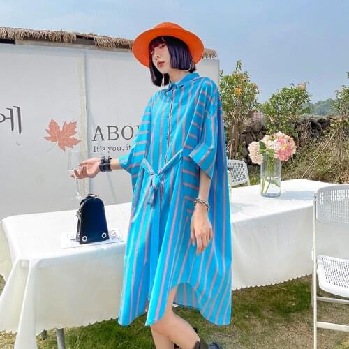 Johnature Stripe Shirt Dresses Summer New Tie Irregular Turn-down Collar Loose Fashion Casual 2 Colors Women Dress