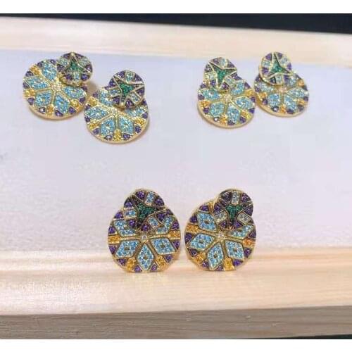Womens Removable Gold Asymmetrical Round earrings with IRIDESCENT Zircon