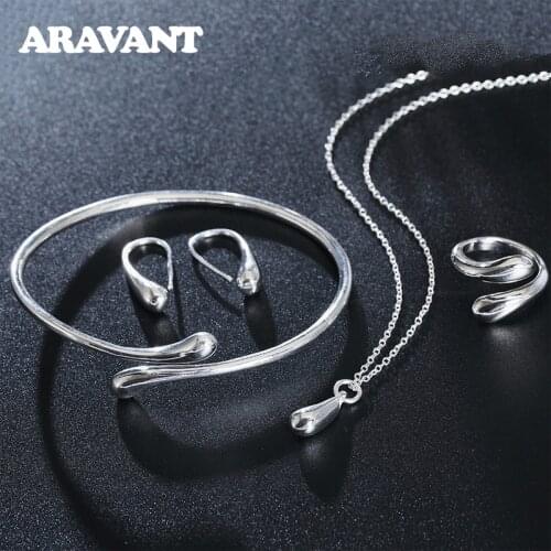 Aravant 925 Sterling Silver Fashion Small Water Drop Necklace Chain Bracelet Earrings Rings Sets Wedding Jewelry Set For Women