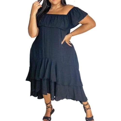 Off Shoulder Plus Size Dress XL-5XL 2021 New Summer Solid Color Women Short Sleeve Ruffles Loose Party Dress Casual Lady Vestido