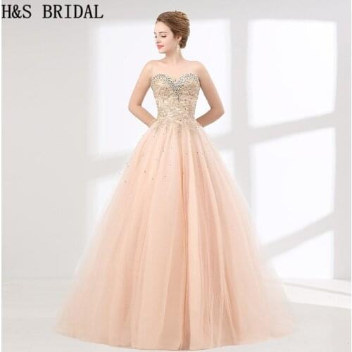 H&S BRIDAL Backless Champagne Prom Dresses Sweetheart Evening Dress Sleeveless Formal Party Gown Beaded Crystal vestido de festa