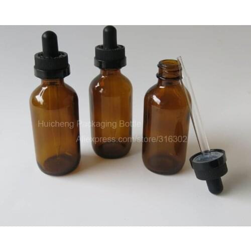 200ps/lot 60ml amber Boston Round glass dropper Piepette bottle 60cc 2oz brown essential oil container with Childproof Drop