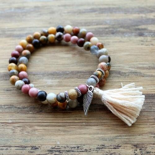 Natural Stones bead with wing charm Tassel Stretch Bracelets Boho Elastic Bracelet Handmade Mala Bead Bracelet Yoga Jewelry