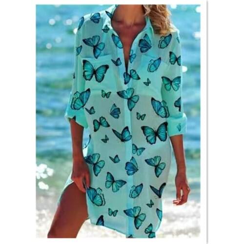 Vestido camisa negro azul blanco,autumn long sleeve turn-down collar butterfly print button up shirt dress,robe chemise femme