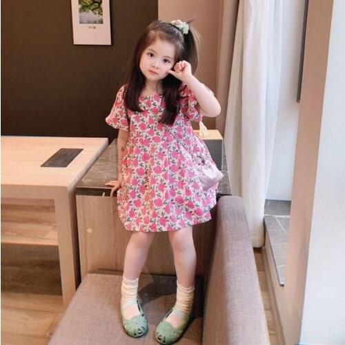 Floral Printed Dress for Kid 2021 Casual Childrens Summer Clothing Lantern Sleeve Mini Dress O-Neck Cute Girls A-Line Dress