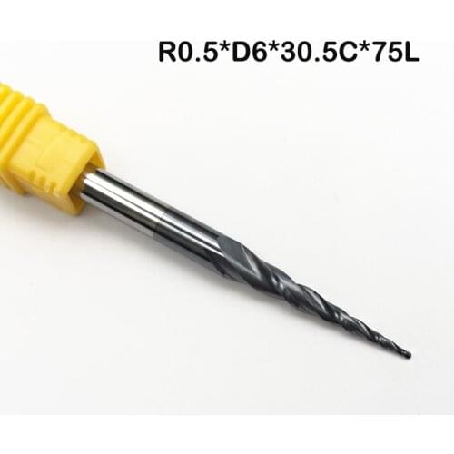 2pcs/lot R0.5*D6*30.5*75L*2F HRC55 solid carbide 6mm Ball Nose Tapered End Mills router bits cnc taper wood metal milling cutter