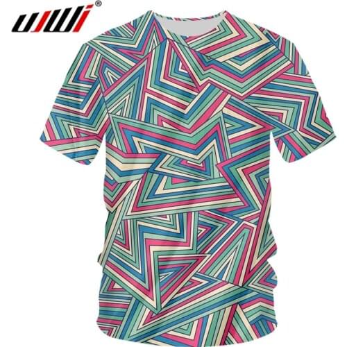 UJWI Personality Colorful lines Geometric Tee Shirt 3D Mens T-shirt Printed Pentagram Man O Neck Tshirt Free Shipping