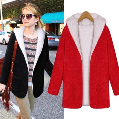 Hodisytian 2019 Winter Women Jacket Faux Lambswool Hooded Thick Cardigans Long Sleeve Jaqueta Female Hairly Coat Outerwear