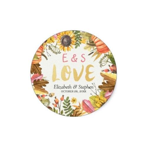 3.8cm Autumn Fall Maple Leaves Pumpkin Wedding Thank You Classic Round Sticker