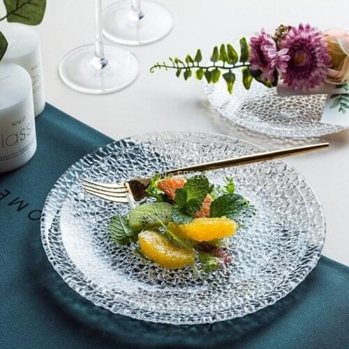 Nordic Ice Crack Round Dinner Plate Transpanrent Lead-free Glass Plate Cake Steak Tray Snack Dishes Plate Household Tableware