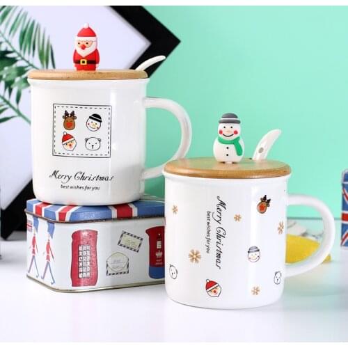 Cartoon Merry Christmas Ceramic Coffee Mug with Spoon and 3D Cover Porcelain Cups and Mugs Drinkware