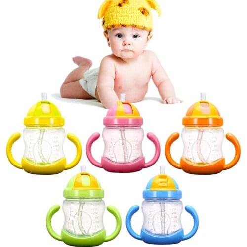 New 280ml Baby Kids Cute Cup Children Learn Feeding Drinking Water Straw Handle School Drinking Bottle Feeding Silicone Sippy