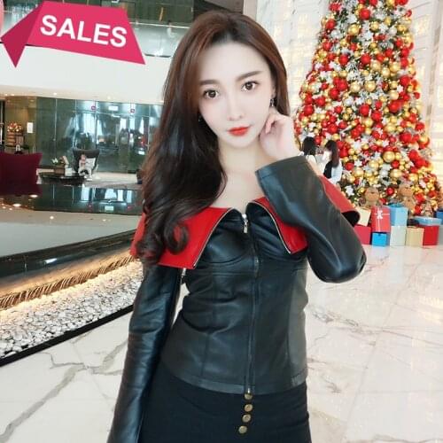 New elegant one shoulder red black contrast waist leather dress womens new short slim coat
