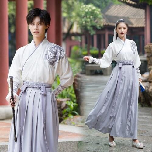 Ancient Couple Hanfu Han Dynasty Chinese Traditional Embroidered Women Men Swordsman Festival Folk Stage Performance Outfits