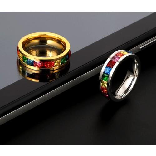 Top Brand Crystal Rainbow Gay Pride Ring Trendy colorful Rings for Gay & Lesbian Stainless Steel CZ Ring