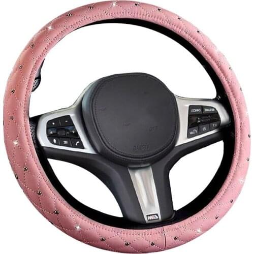 Gypsophila Pink Car Steering Wheel Cover Four Seasons Universal Leather Green Grip Cover For 37-38 CM 14.5"-15" M Size Braid ON