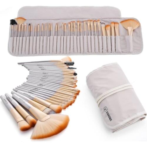 Vanderlife Brand Champagne 32pcs Professional Soft Cosmetic Eyebrow Shadow Makeup Brushes Set Kit Case