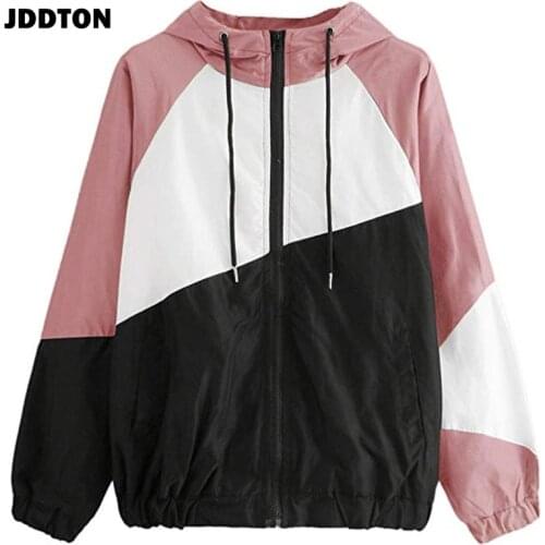 JDDTON Womens Hooded Jacket Patchwork Long Sleeve Coat Color Block Multicolor Sunscreen Female Casual Windbreaker EU Size JE287