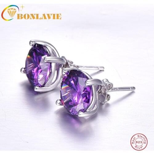 BONLAVIE Women Classic Stud 925 Sterling Silver Earring Purple Amethyst Stud Earring Party Jewelry