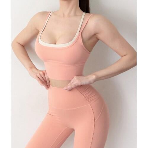 Womens Yoga Set Slim Fake Two-Piece Yoga Bra Trousers Yoga Shockproof Gathered Color Matching Sports Fitness Set