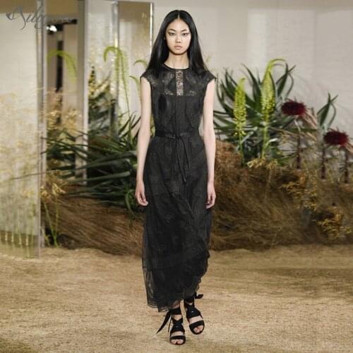 Ailigou Black Lace 2021 Summer Fashion Party Party Vestidos Ladies Round Neck Embroidery Openwork Long Sexy Party Dress