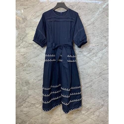 100%Cotton Womens Dress 2021 Summer Ladies Color Block Embroidery Short Sleeve Mid-Calf White Yellow Dark Blue Casual Dress