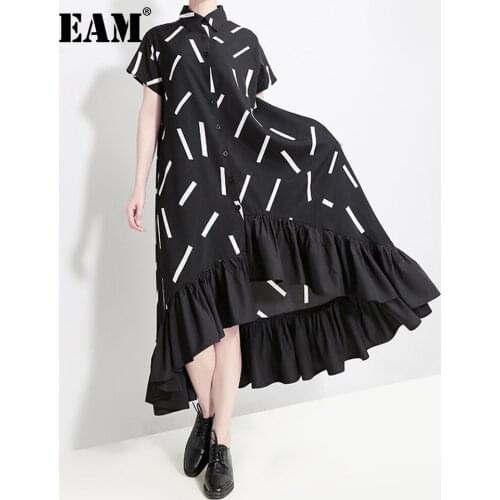 [EAM] Women Black Pattern Printed Ruffles Big Size Dress New Lapel Short Sleeve Loose Fit Fashion Spring Summer 2021 1T438