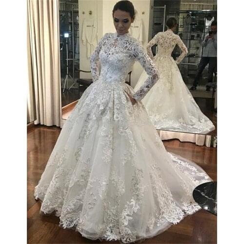 2021 New Ball Gown Appliques Lace Wedding Dress Long sleeve High Neck Embroidery Covered Buttons robe de mariee vestido de novia