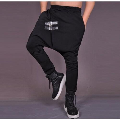 Men Clothing Trousers Punk Leather Hasp Big Crotch Harem Pants Black Singer Stage Costumes Crooss Pants New 27-44
