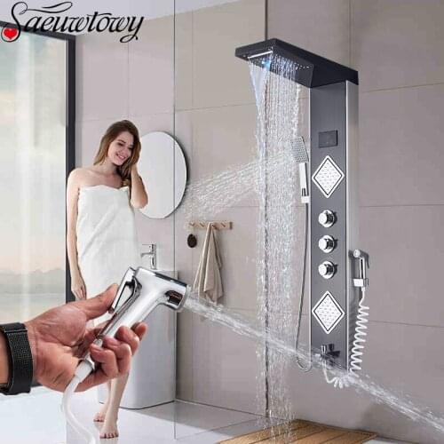 Black Golden Shower Panel Column Bathtub Faucet Intelligent Constant Temperature Display Shower Massage System Shower LED Light