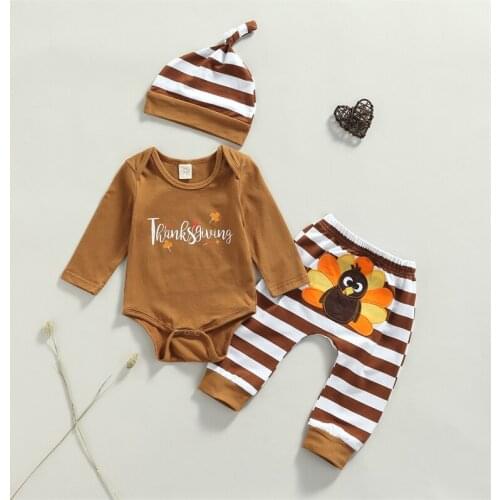 Baby Thanksgiving Day Outfits Long Sleeve Letter Print Romper + Turkey Pants + Hat 3 Piece Set for Toddler Boys Girls 0-18M