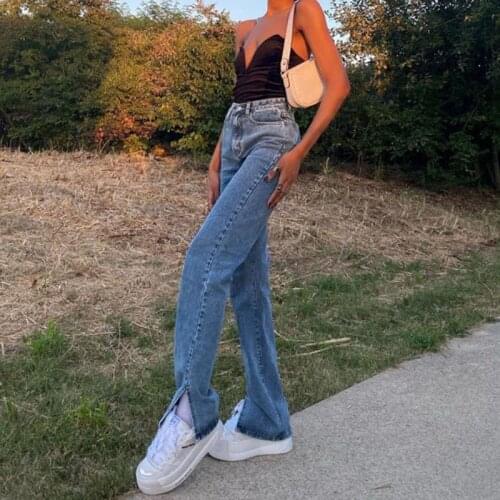 Womens High Waist Jeans Solid Color Denim Straight Trousers with Pockets Loose Splitting Pants Vintage Harajuku Jeans Female