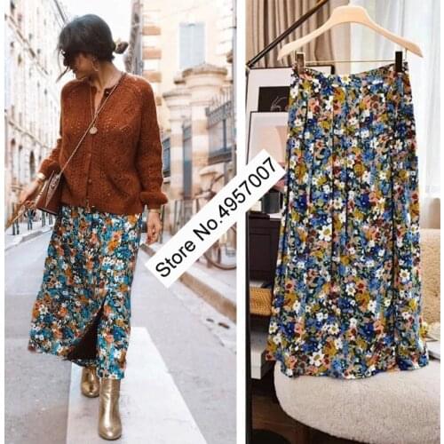 Elfbop Newest 100% Cotton Ladies Floral Print Long Skirt Features Pleated Detail