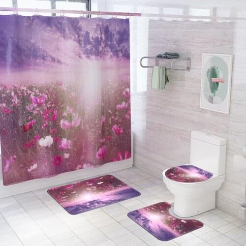 Toilet Carpet WC Bath Mat Set Non Slip Bathroom Rugs and Shower Curtain Printed Mat Washable Machine Toilet Rug Absorbent Mats