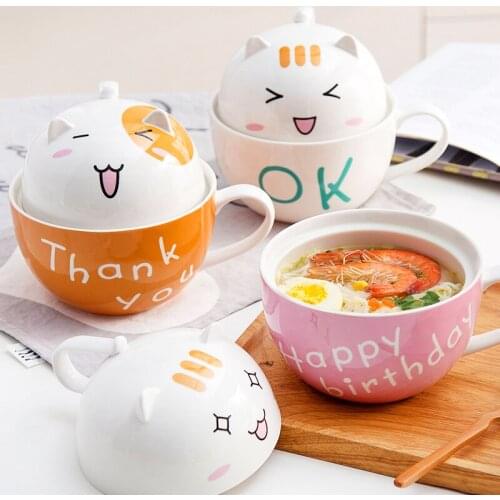 Ceramic cute bubble noodle bowl with cover large student with handle salad net red dormitory with cup bowl cartoon home